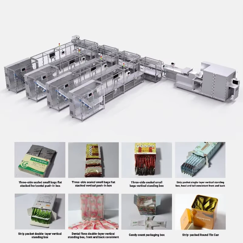 Automatic-4-Lane-Head-Tail-Front-Back-Alignment-Vertical-Side-Loading-Cartoning-Line-for-Sachet-Candy-Packaging
