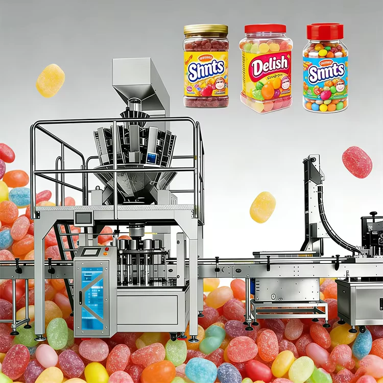 Automatic-Granule-Filling-Line-Ten-Head-Combination-Weigher-Candy-Chocolate-Bean-Dried-Cranberry-Beverage-Glass-Bottle-Packing