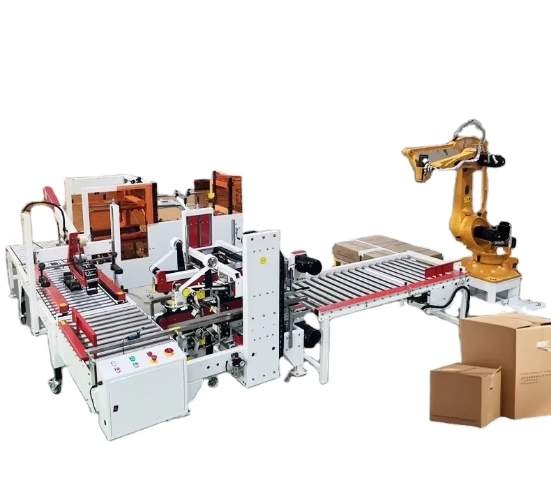 Automatic-PLC-Servo-Rear-Packaging-Line-Solution-Carton-Erector-Packer-Sealer-Robot-for-Food-for-Metal-Paper-Case-Can-Packing