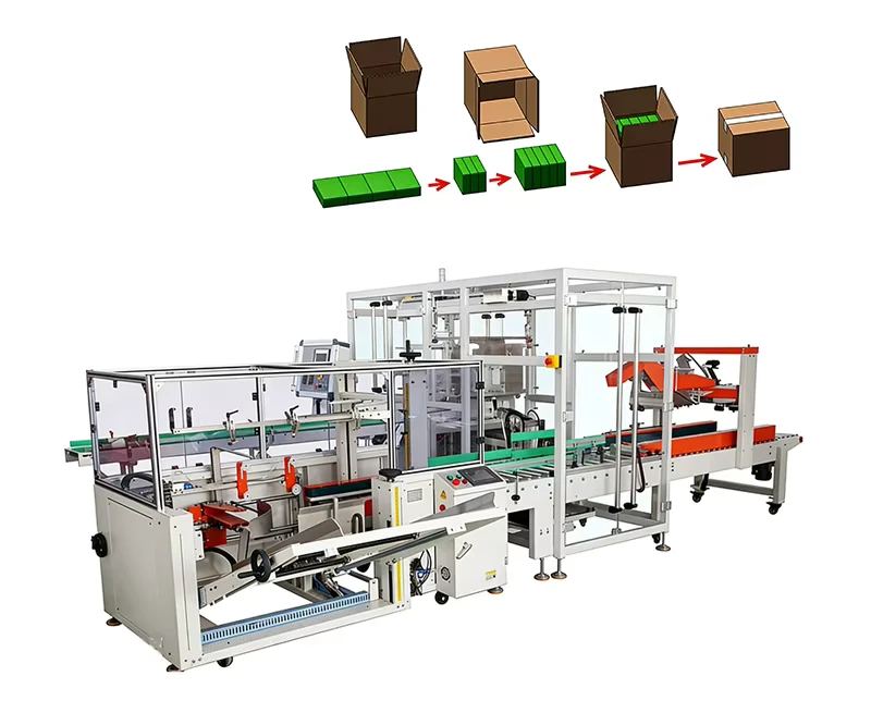 Carton-Brick-Pak-Case-Packer-Machine-3-in-1-Side-Feed-Carton-Open-Packing-Machine-Wraparound-Side-Push-Carton-Box-Packer-Machine