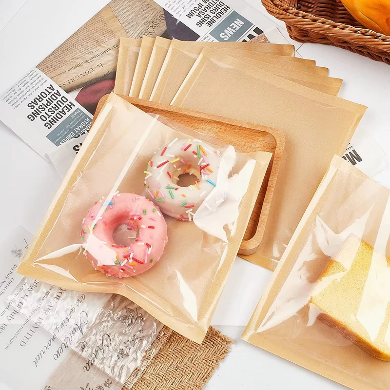 Custom-Plastic-Heat-Seal-Single-Sided-Transparent-OPP-Bakery-Packaging-Donut-Cake-Dessert-Brown-Paper-Food-Packaging-Bread-Bag