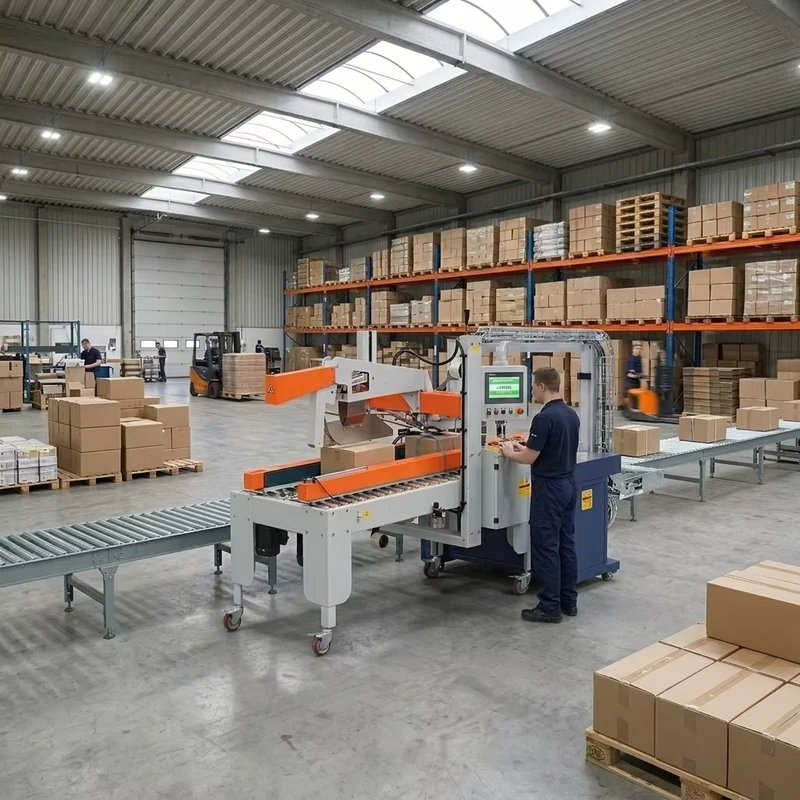 Labor-Saving-Auto-Carton-Sealing-and-Strapping-Linkage-Line-Replace-3-Workers-Packaging-Solution