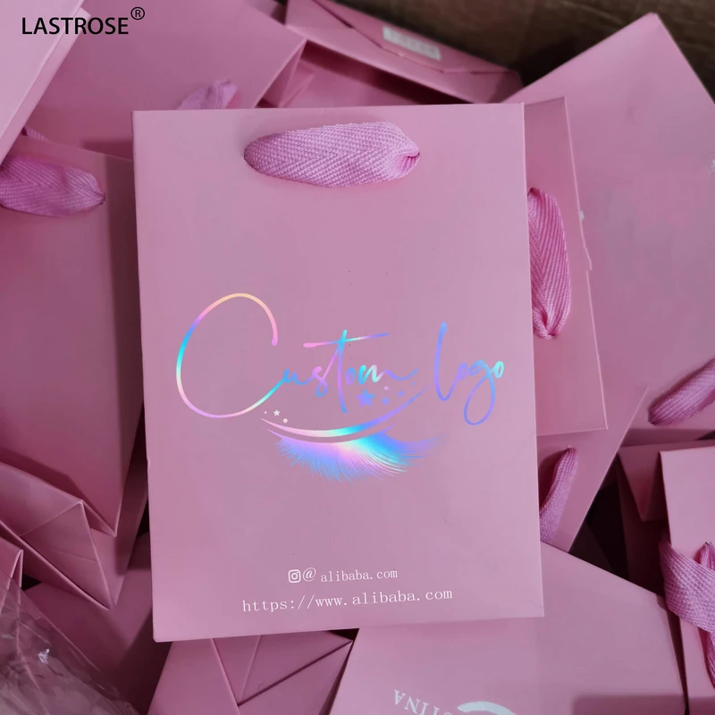 Reusable-Makeup-Embossed-Logo-Packaging-Paper-Bags-Mini-Handbag-Lashes-Gift-Bag-Jewelry-case-Craft-pink-Paper-Bags