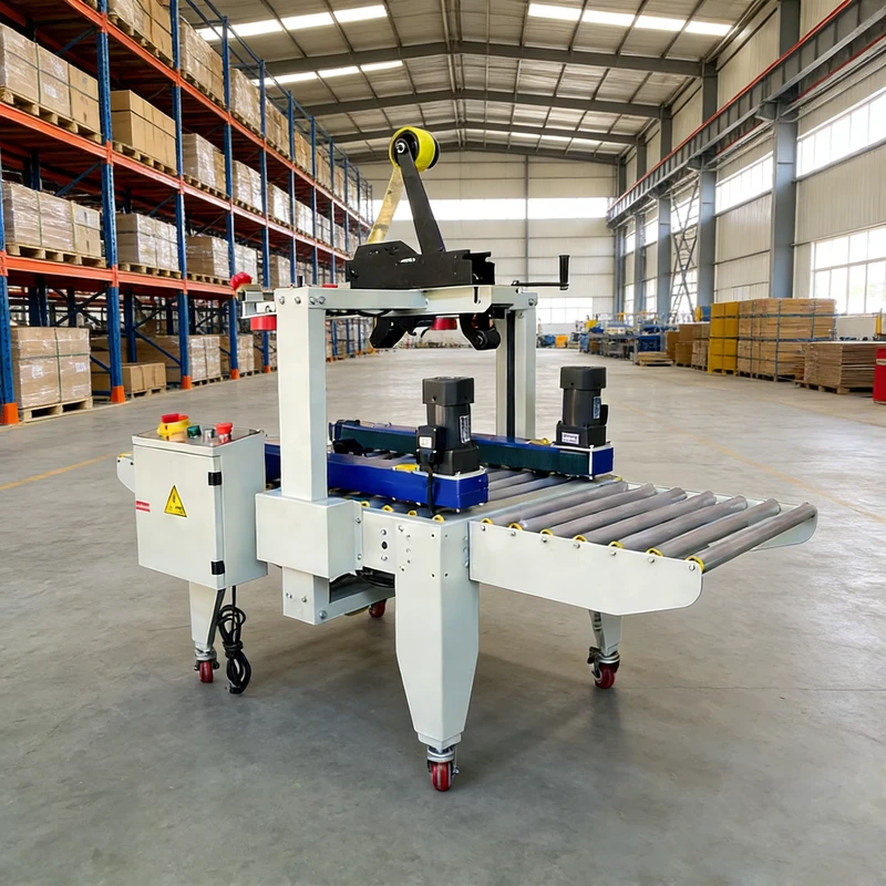 Semi-Automatic-Small-Tape-Packaging-Machine-Top-Bottom-Carton-Case-Sealer-with-Belt-Drive-for-Paper-Material